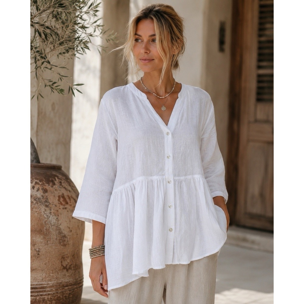 NWT Crown Linen Designs White 100% Linen Peplum Tunic Top Medium M Button Front